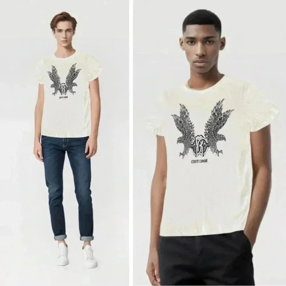 Roberto Cavalli Twin Eagle Logo Graphic Print Short Sleeve T-Shirt White - Picture 1 of 9